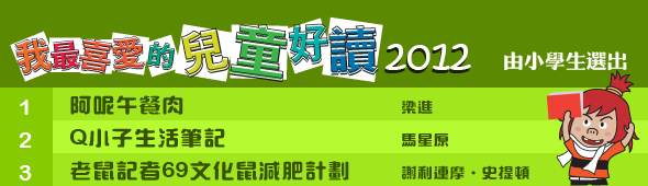 我最喜愛的兒童好讀2012 - 1 《阿呢午餐肉》梁進 / 2 《Q小子生活筆記》馬星原 / 3 《老鼠記者69文化鼠減肥計劃》謝利連摩史提頓